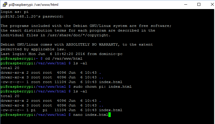 Raspberry Pi how to edit apache default index file screenshot