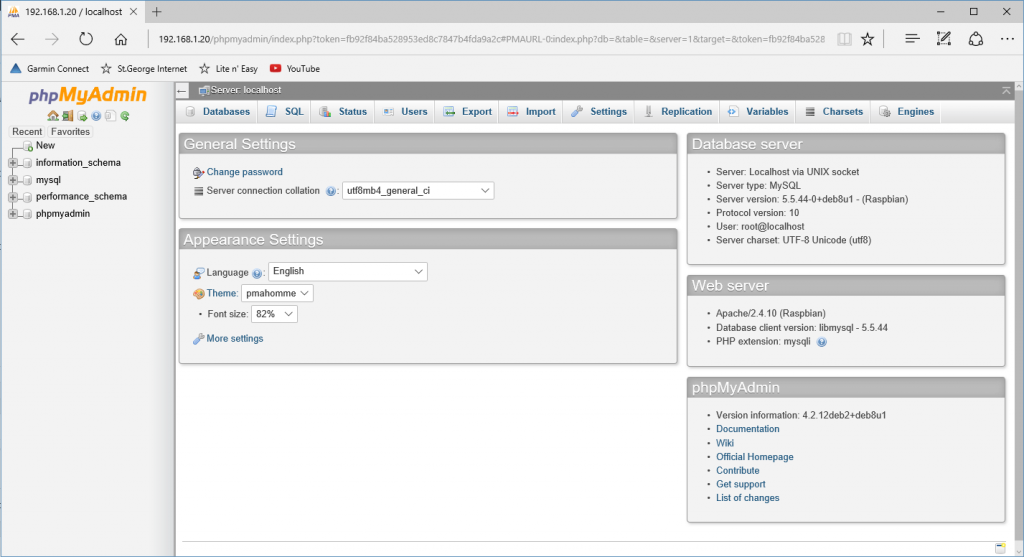 PHPMyAdmin Main Page Screenshot